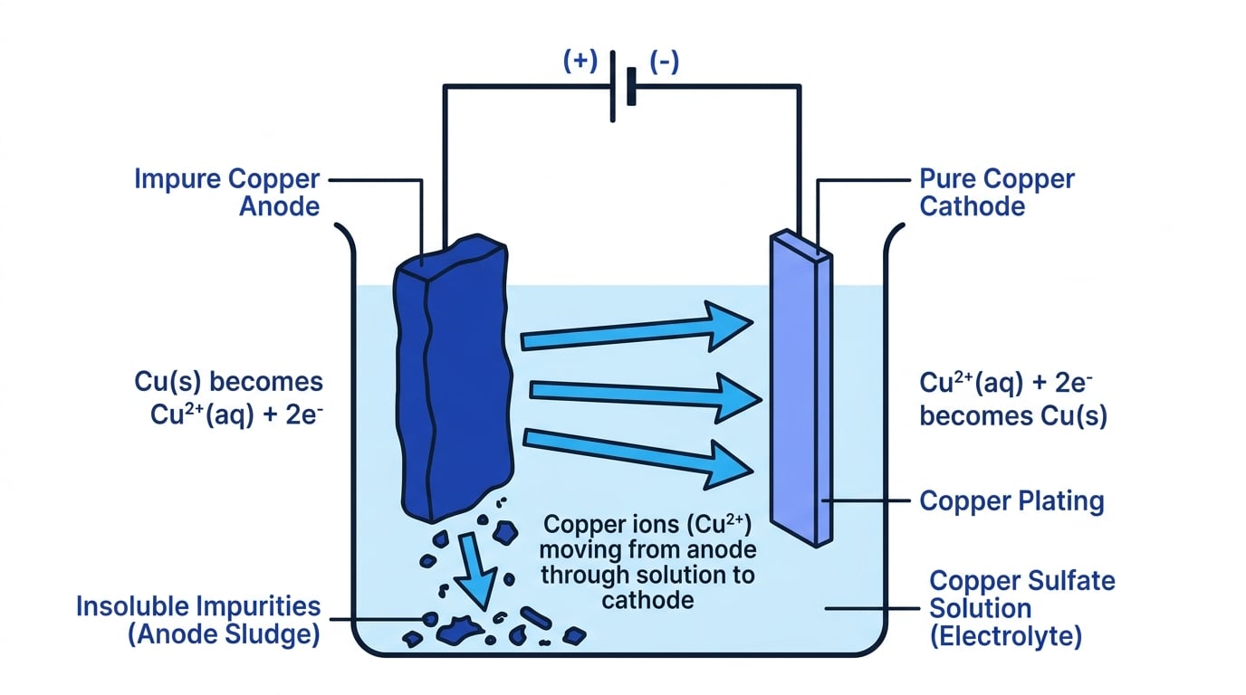 Copper purification by electrolysis showing impure copper anode, pure copper cathode, copper sulfate electrolyte, copper ion movement, and anode sludge