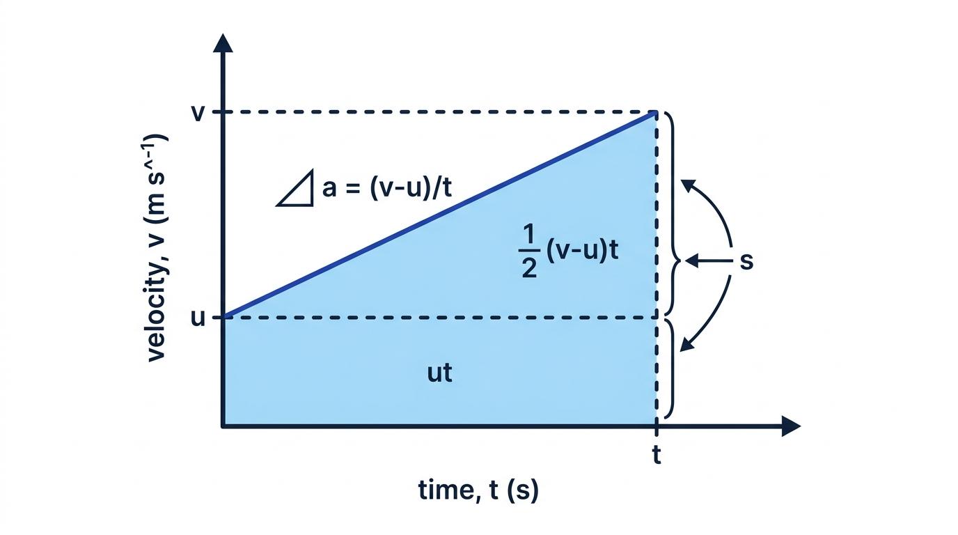 Velocity-time graph showing constant acceleration and displacement as the area of a rectangle and triangle