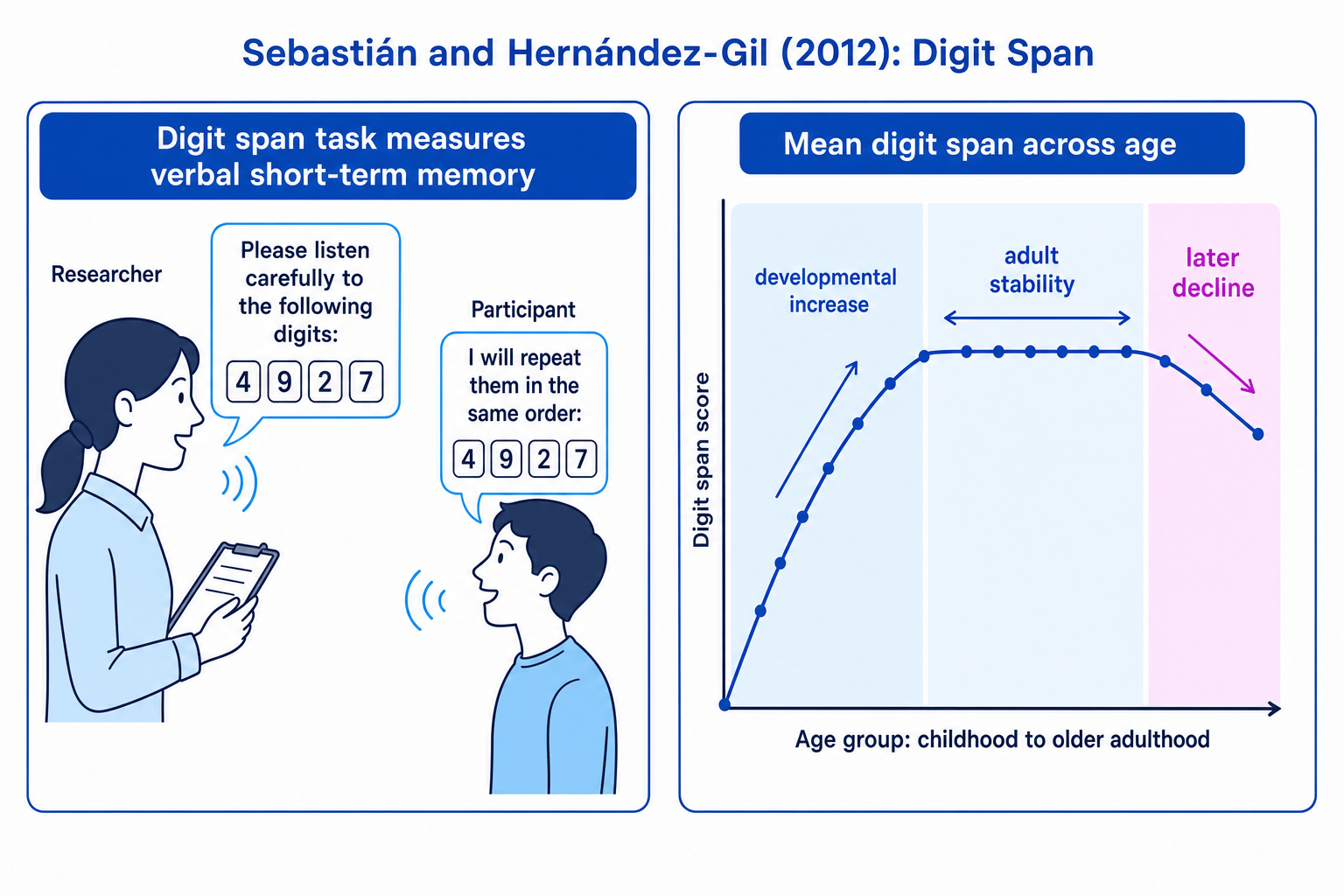 Diagram showing the digit span task and the developmental pattern of digit span across age