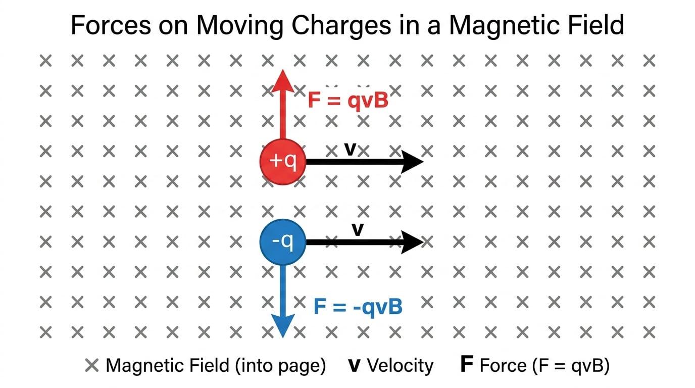 Positive and negative charges in a magnetic field