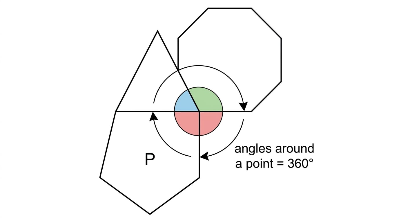 Diagram of regular polygons meeting at one point, showing the angles around the point add to 360 degrees