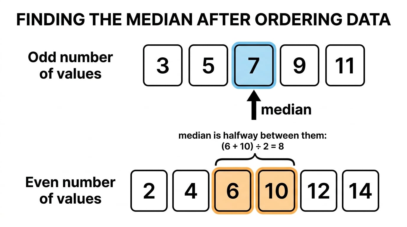 Diagram showing how to find the median for odd and even numbers of values