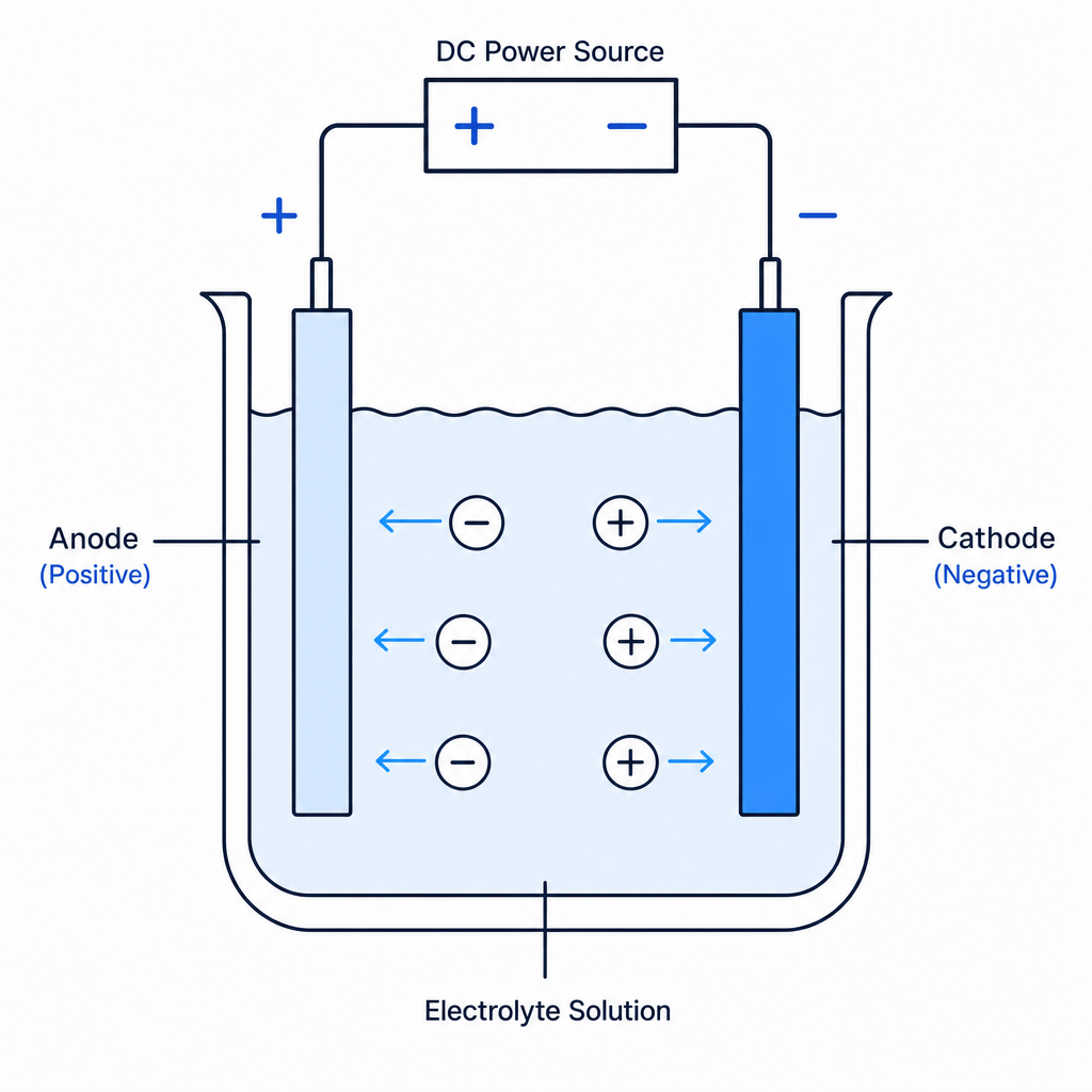 Diagram showing a standard electrolysis cell with a positive anode, negative cathode, and the movement of cations and anions in an electrolyte