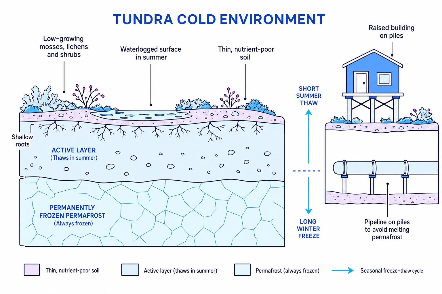 Cross-section of a tundra environment showing active layer, permafrost and raised infrastructure