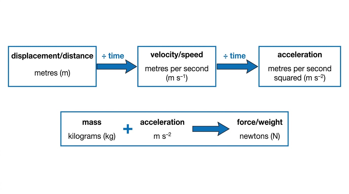 Diagram linking displacement, velocity, acceleration and force units