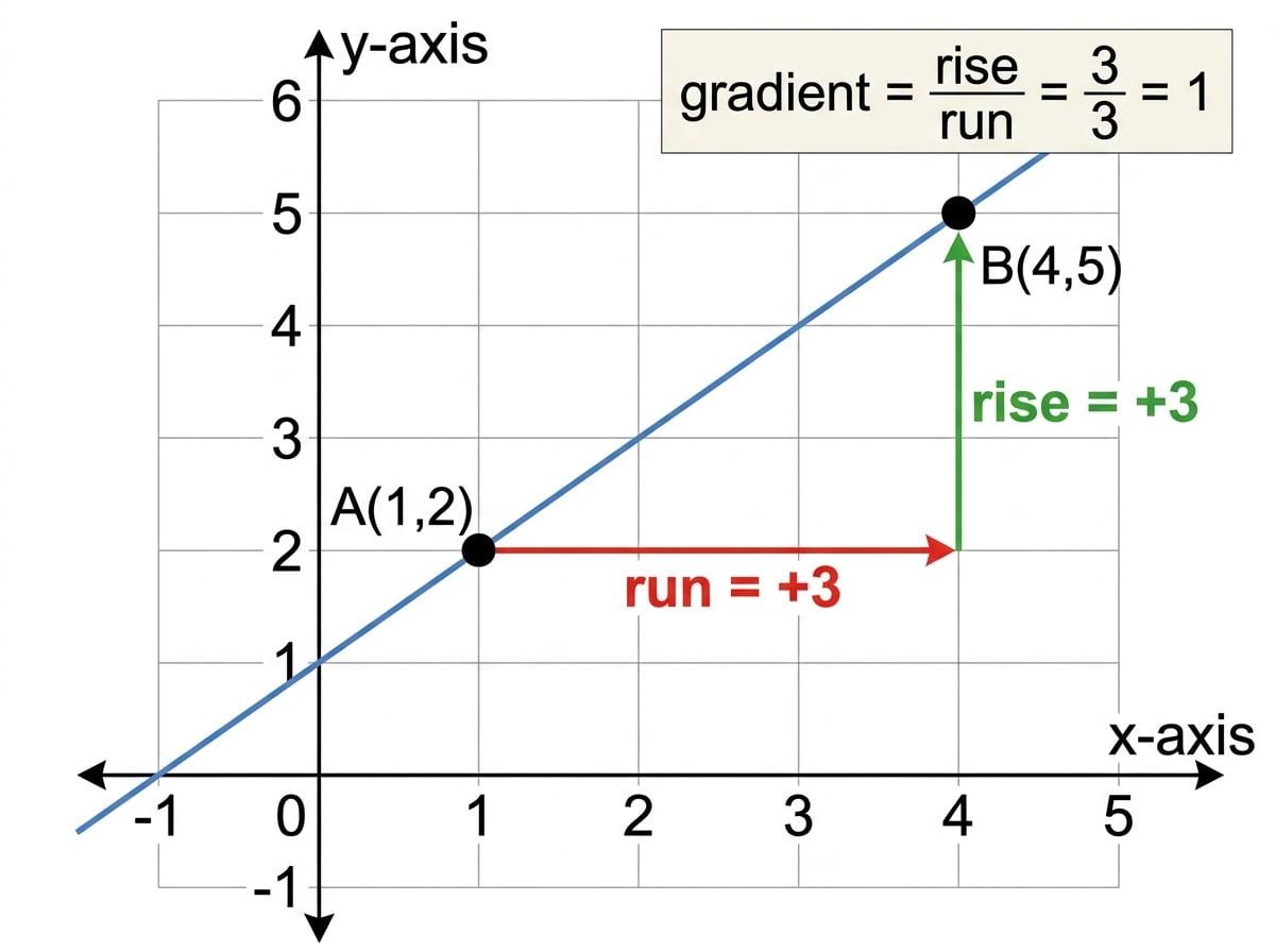 A coordinate grid showing a straight line through A(1,2) and B(4,5), with run +3 and rise +3 marked.