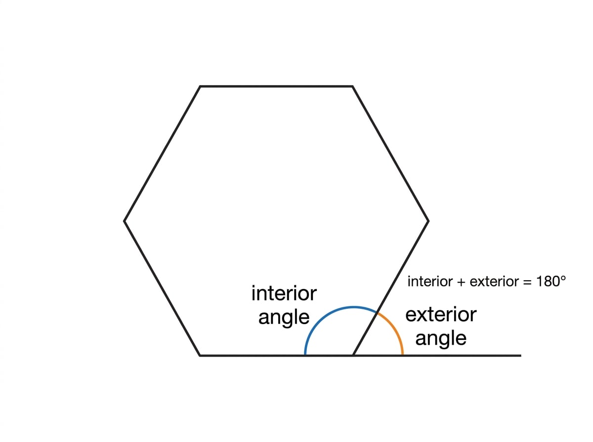 Diagram showing a regular hexagon with an interior angle and adjacent exterior angle labelled