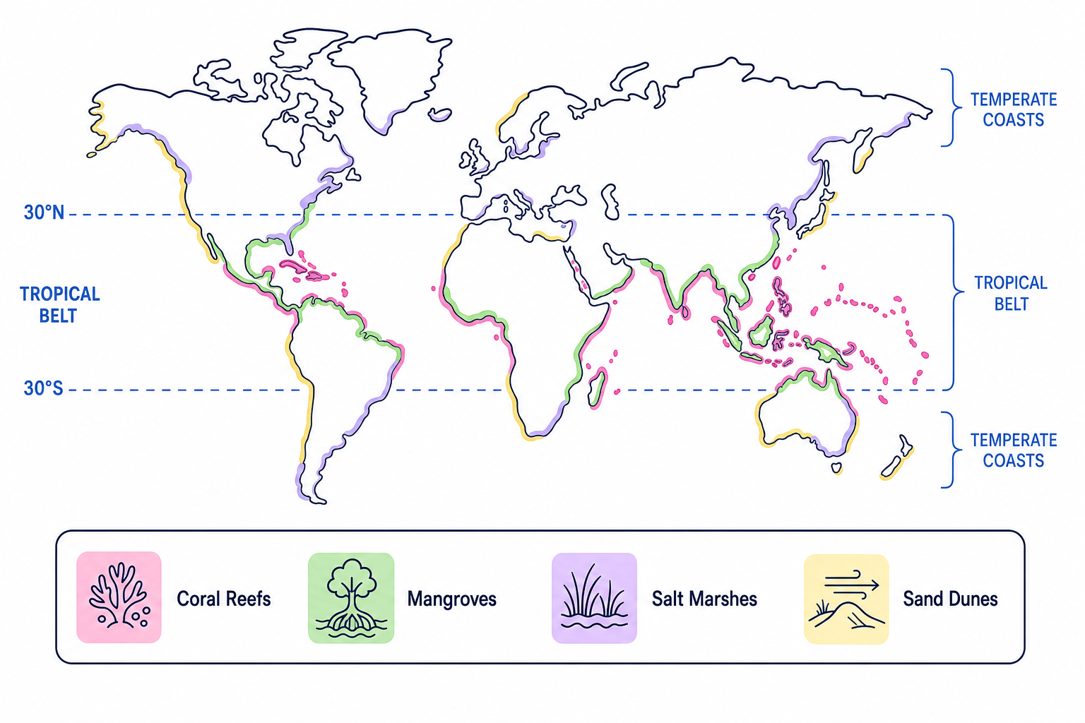 World distribution of coral reefs, mangroves, salt marshes and sand dunes