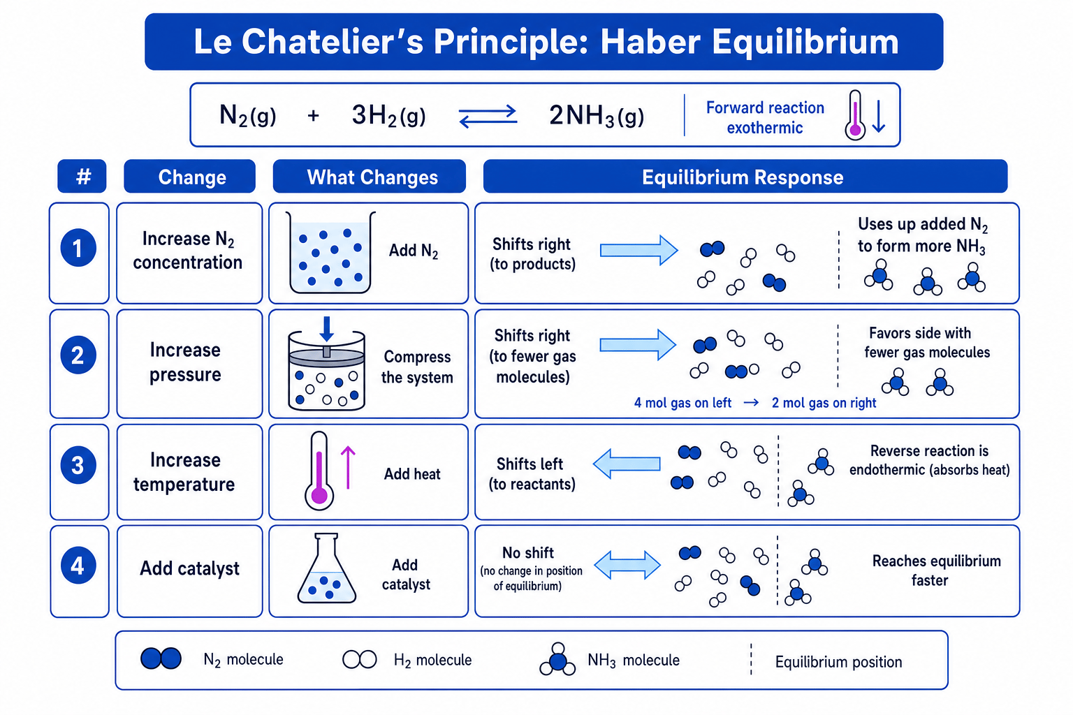 Le Chatelier changes for the Haber equilibrium: concentration, pressure, temperature, and catalyst effects
