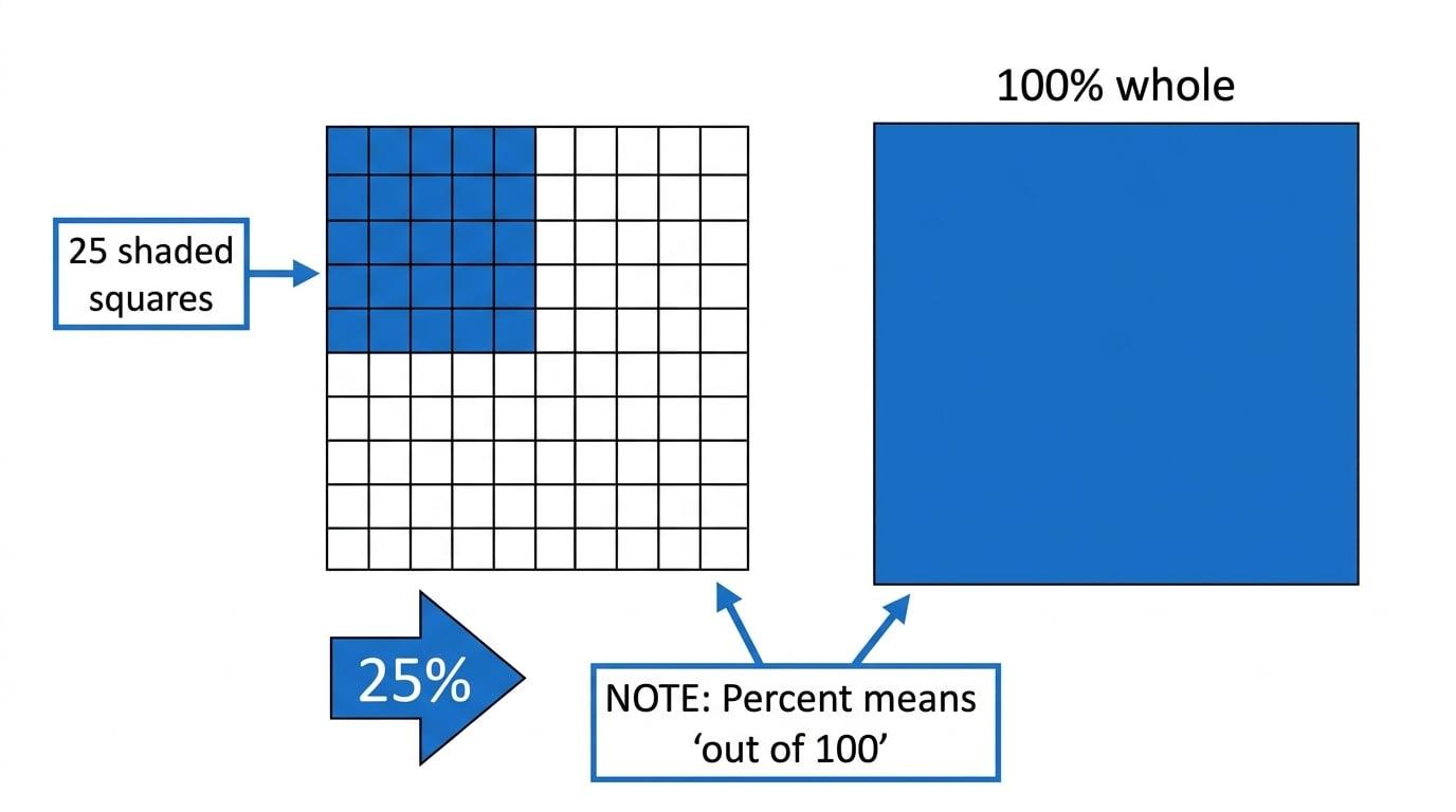 A 100-square grid showing 25% shaded and a full bar labelled 100% whole