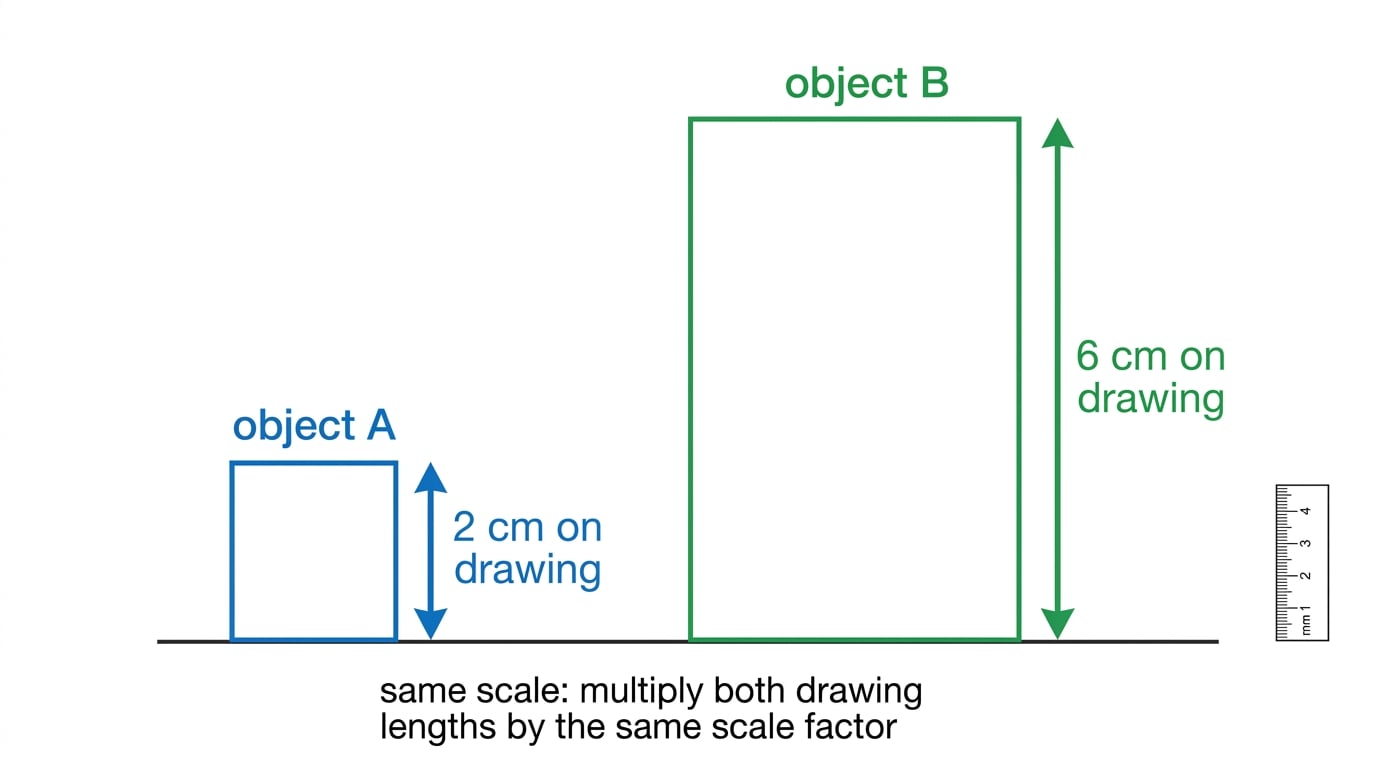 Two objects on the same scale with drawing heights measured