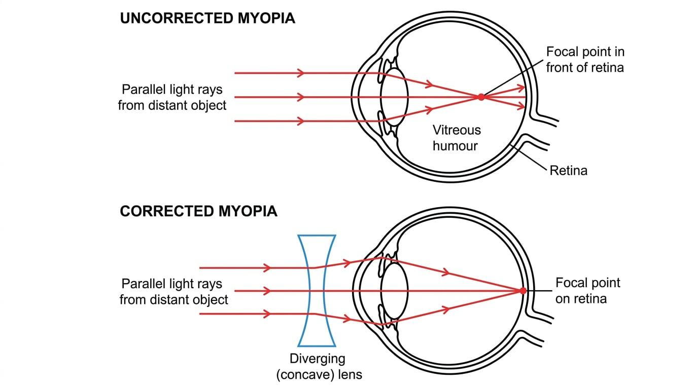 Ray diagram of uncorrected and corrected myopia