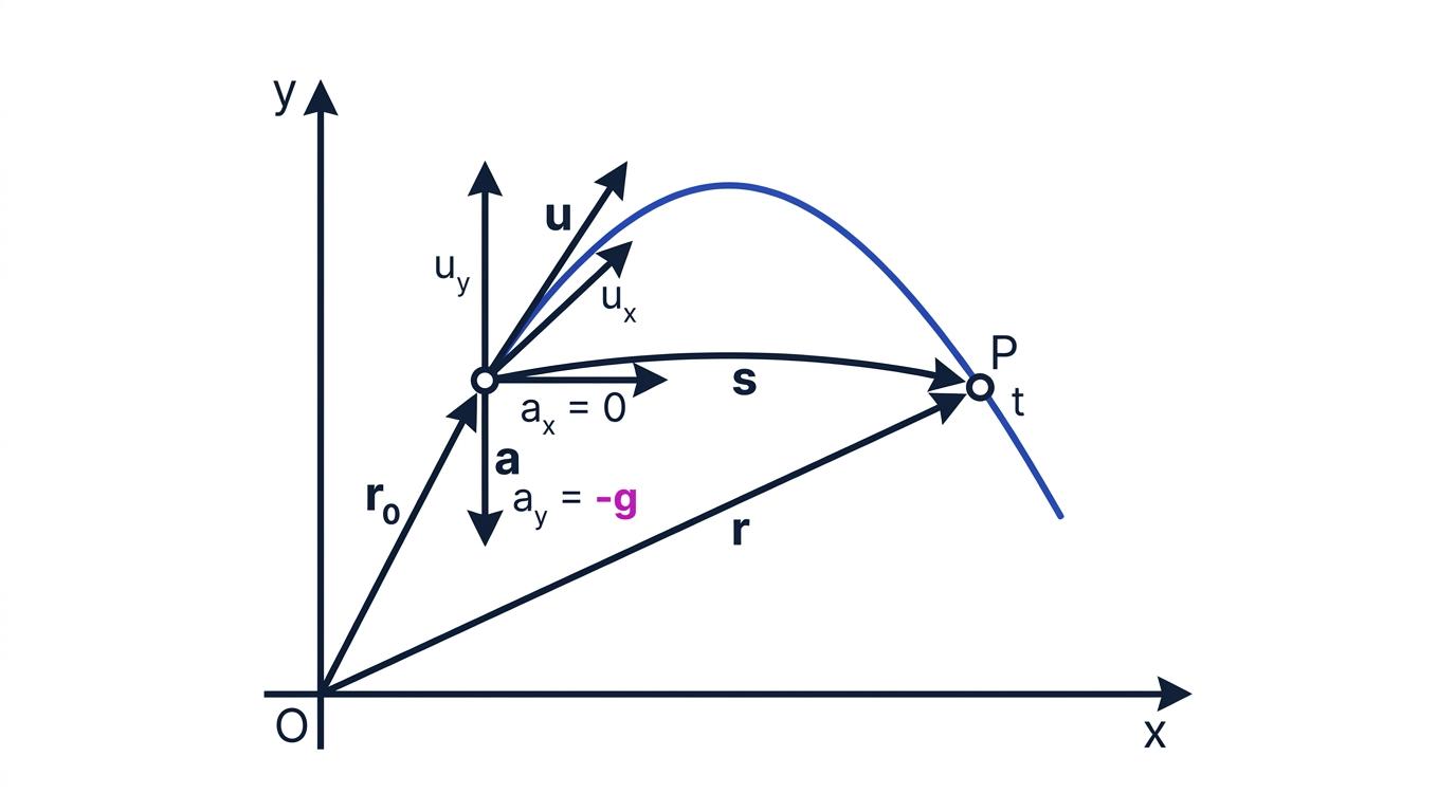 Vector diagram showing initial position, velocity components, downward acceleration, displacement and a parabolic trajectory