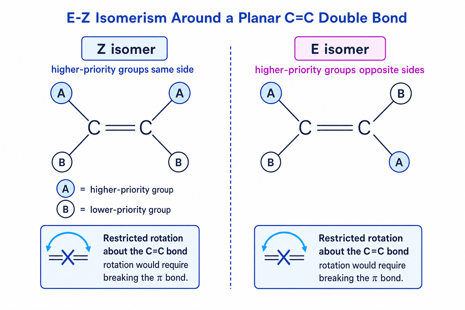E-Z isomerism around a planar carbon-carbon double bond