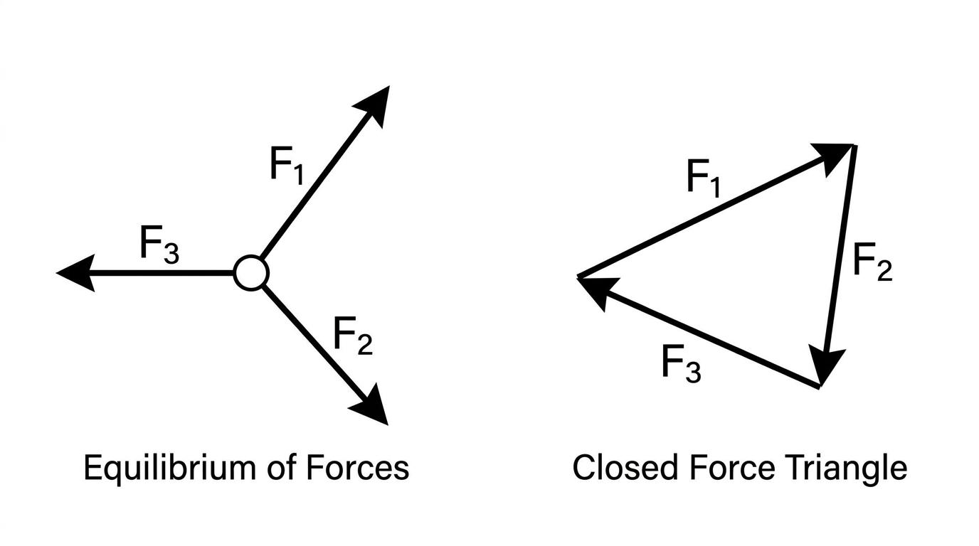 Three forces in equilibrium forming a closed triangle