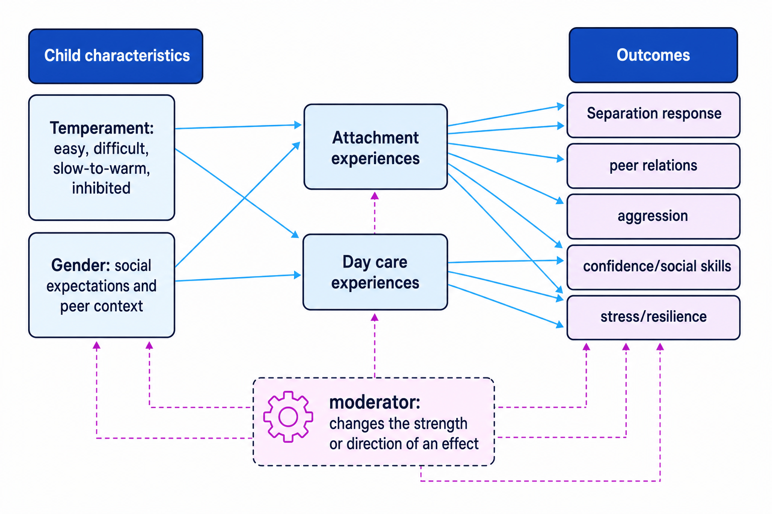 Flowchart showing temperament and gender as moderators of attachment and day-care outcomes