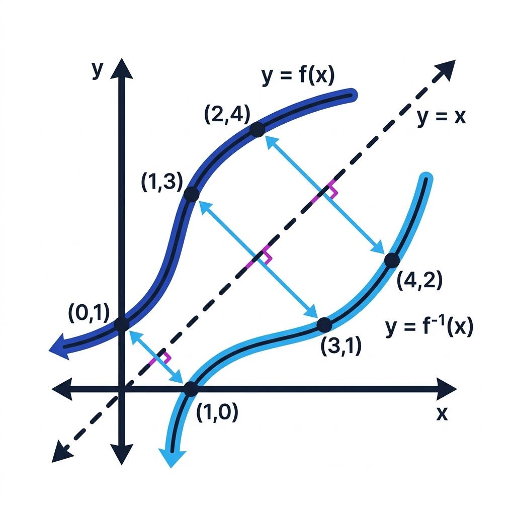 A function and its inverse reflected in the line y equals x