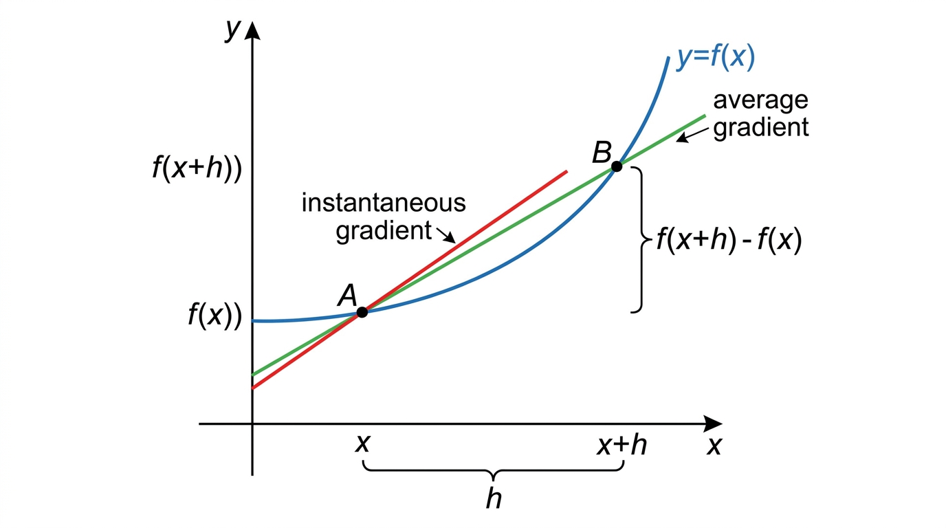 Diagram showing a curve with a secant from x to x+h approaching the tangent at x