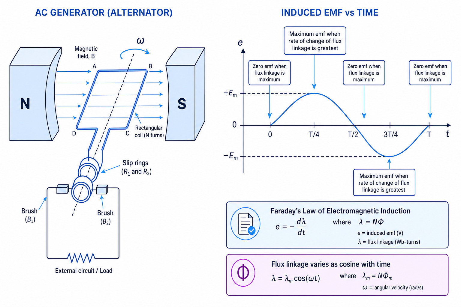 AC generator with rotating coil and sinusoidal induced emf graph