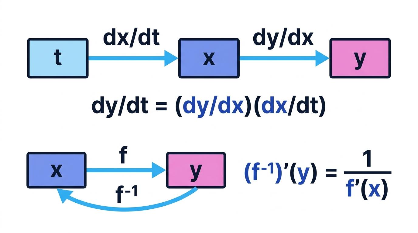 A dependency diagram showing the chain rule for connected rates and the reciprocal derivative relationship for inverse functions