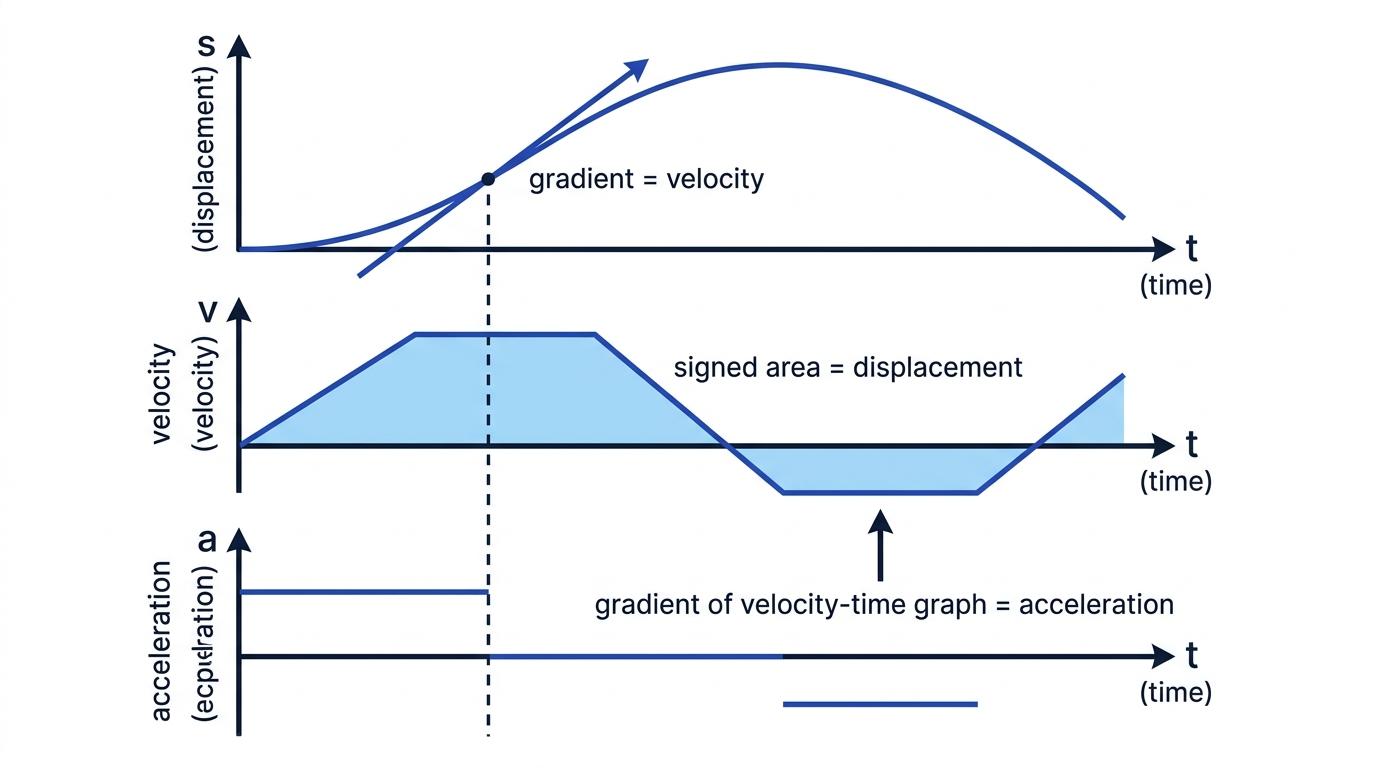 Displacement-time, velocity-time and acceleration-time graphs showing the gradient and area relationships