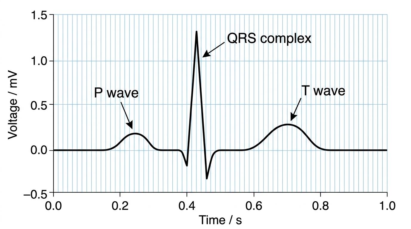 A clear, clean textbook diagram of a normal electrocardiogram (ECG) waveform.