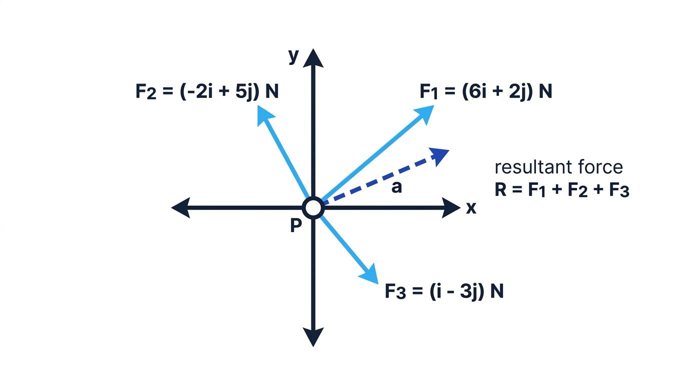 Three force vectors acting on a particle, with their resultant parallel to the acceleration