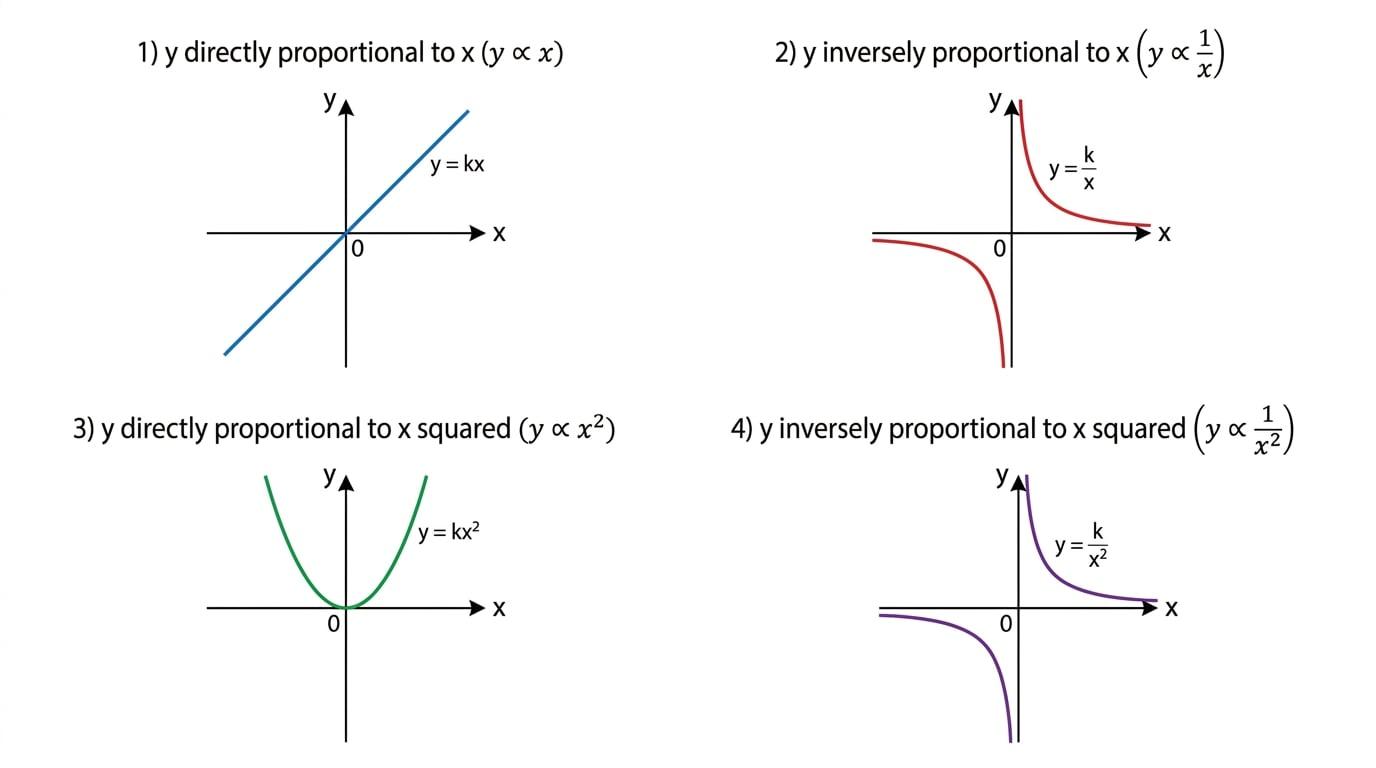 Four labelled graph shapes for direct proportion, inverse proportion, direct square proportion, and inverse square proportion