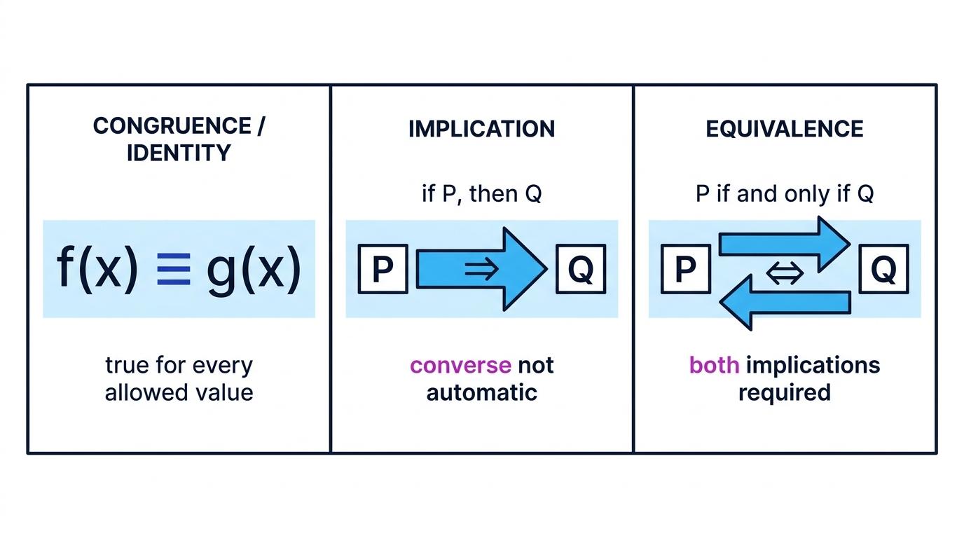 A comparison of identity, one-way implication and two-way equivalence