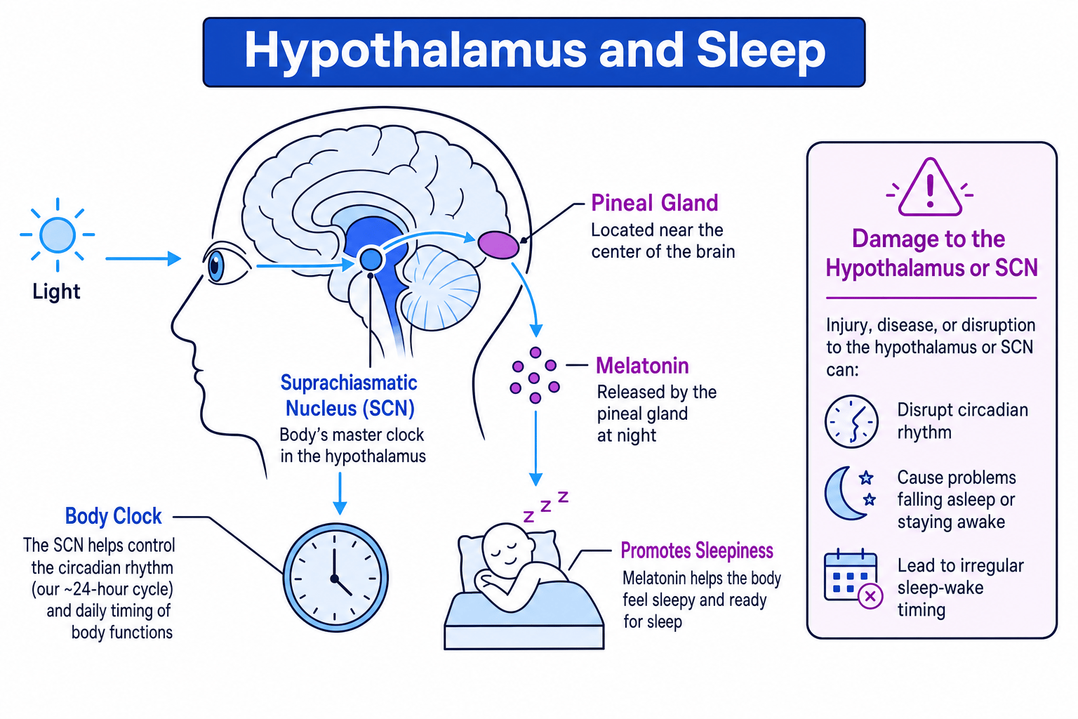 Diagram showing light reaching the SCN in the hypothalamus, influence on the pineal gland, melatonin release, and effects of hypothalamus damage