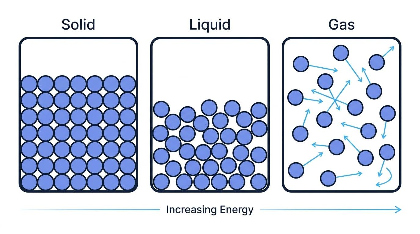 The arrangement and energy of particles in solids, liquids, and gases
