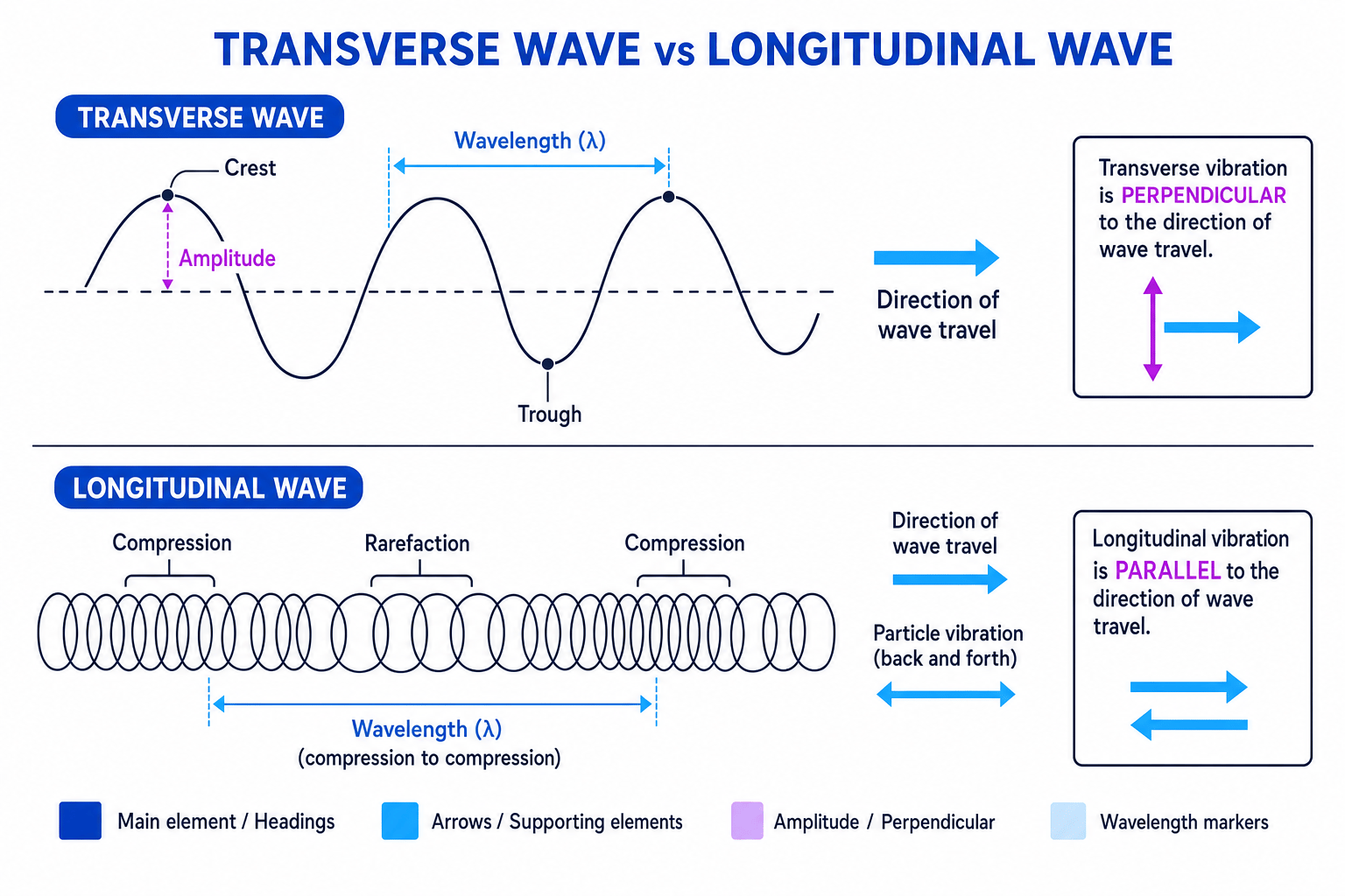 Diagram comparing transverse and longitudinal waves, with amplitude, wavelength, crest, trough, compression, rarefaction and vibration directions labelled