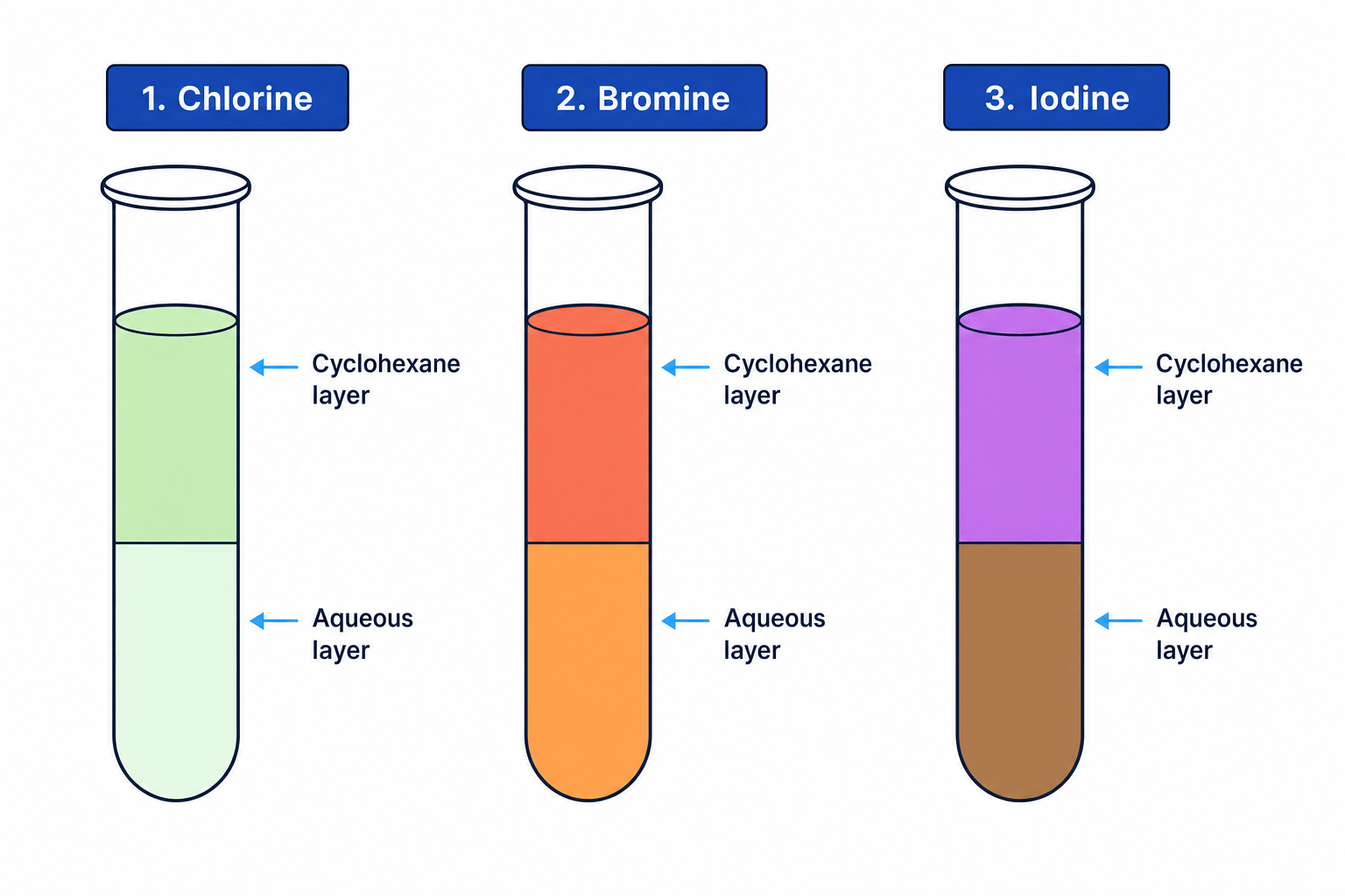 Halogen colours in aqueous and organic layers
