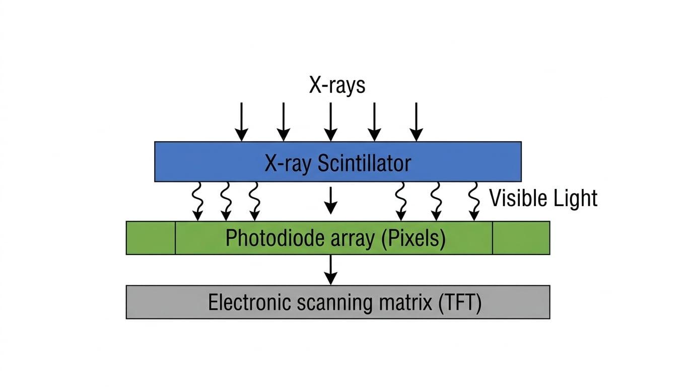 Cross-section schematic of a flat panel X-ray detector