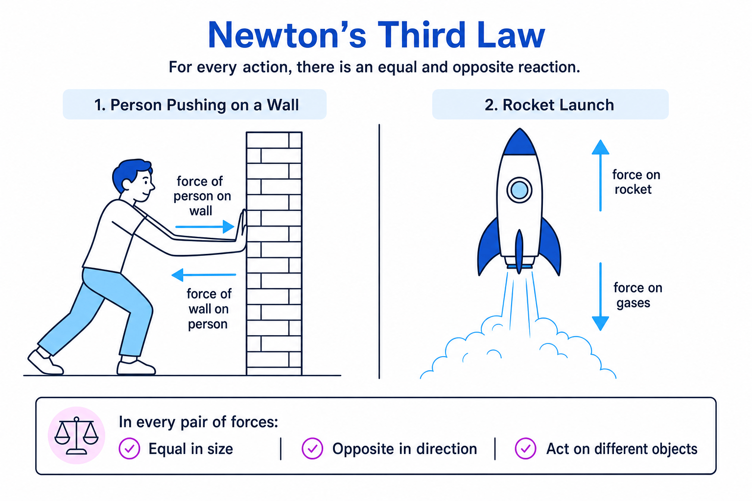 Newton’s third law shown by a person pushing a wall and a rocket pushing gases downwards