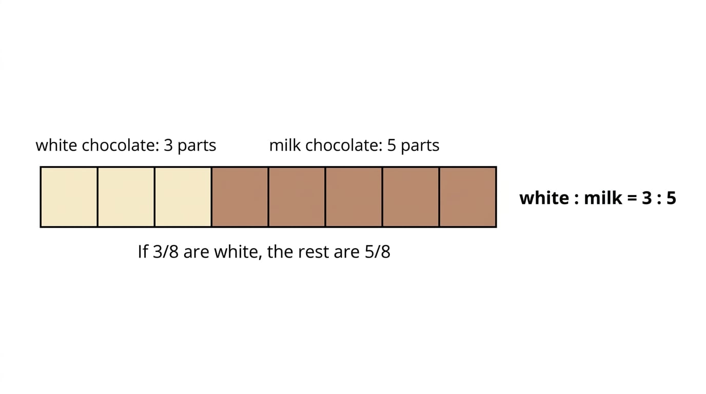 Bar model showing 3 out of 8 parts becoming the ratio 3 to 5