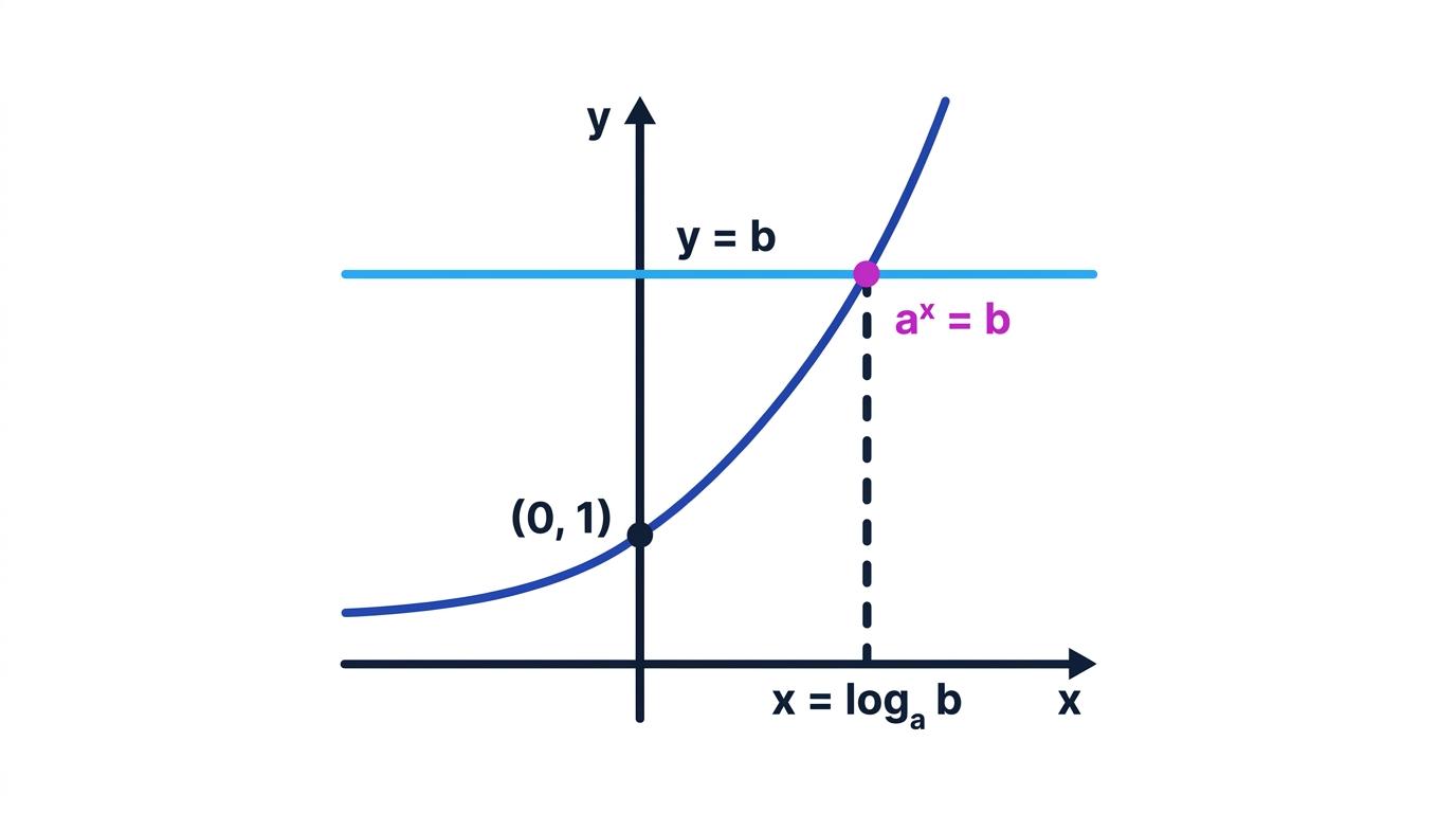 An increasing exponential curve meeting the horizontal line y equals b at x equals log base a of b