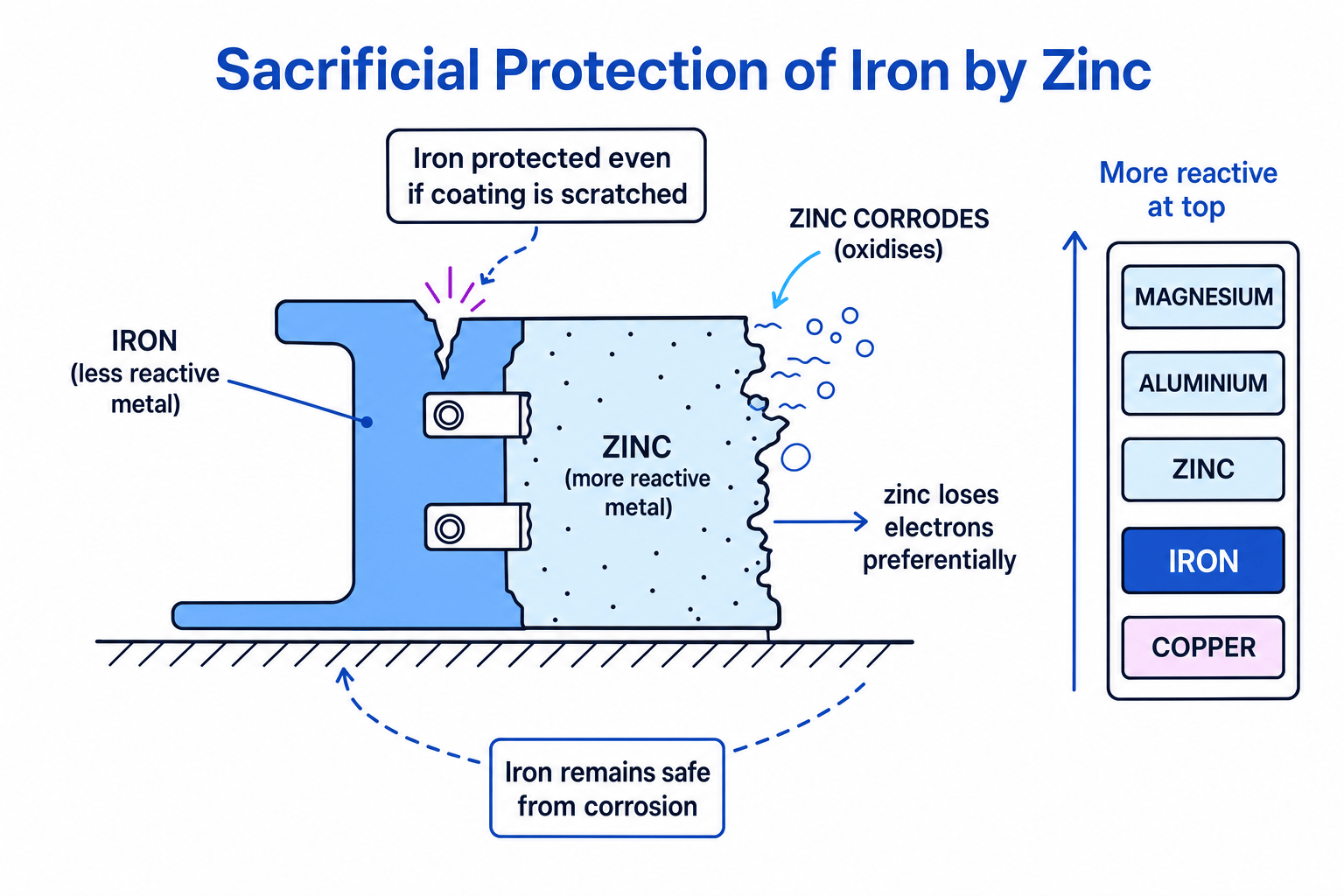 Diagram showing zinc protecting iron by corroding preferentially, with a simple reactivity comparison