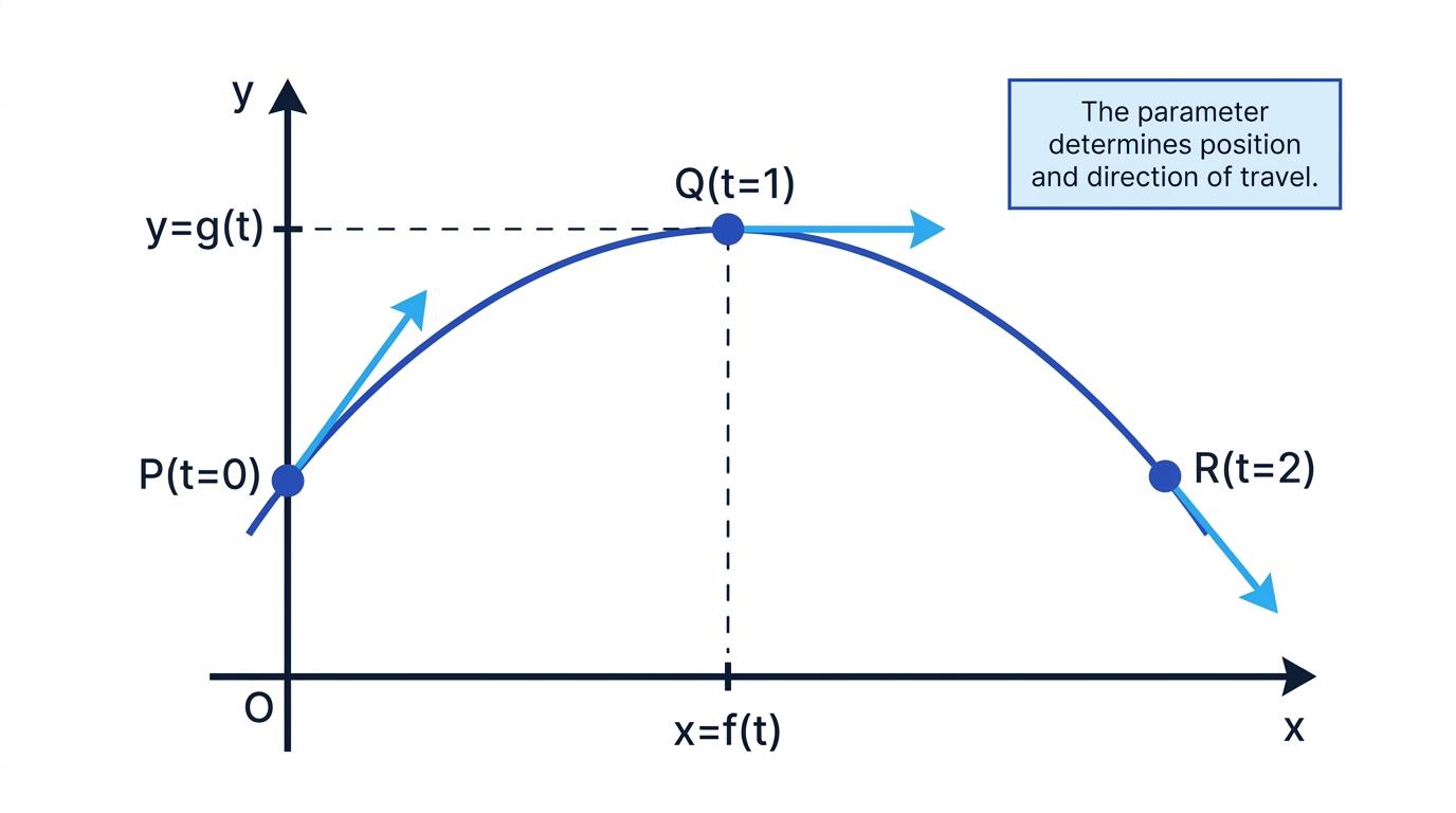A parametric trajectory with positions marked for increasing values of the parameter