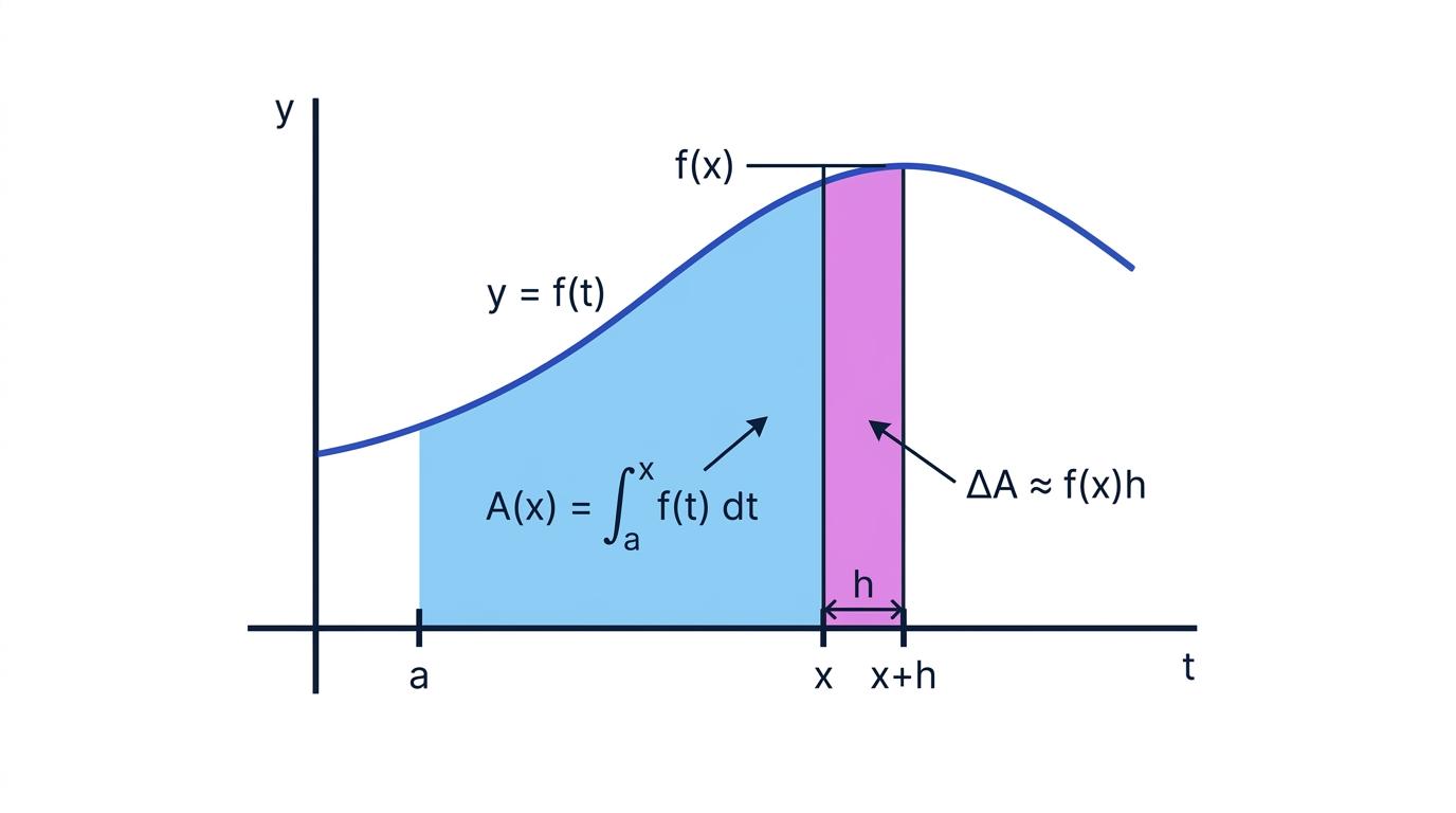 Accumulated area under a curve from a to x, with an additional narrow strip from x to x+h