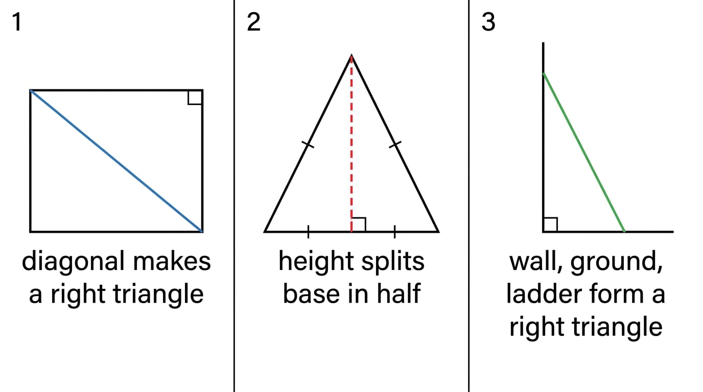 Three common Pythagoras applications: rectangle diagonal, isosceles height, and ladder against a wall