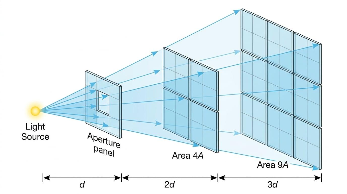 Inverse square law spreading light rays
