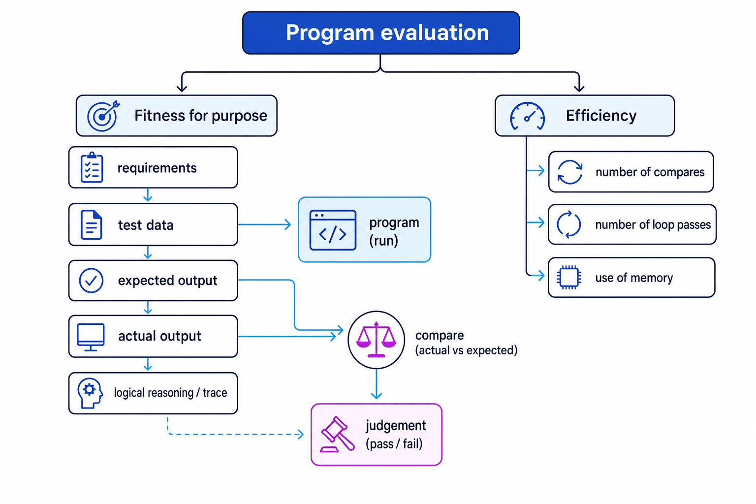 Diagram showing program evaluation split into fitness for purpose and efficiency, including requirements, test data, expected output, actual output, compares, loop passes and memory use