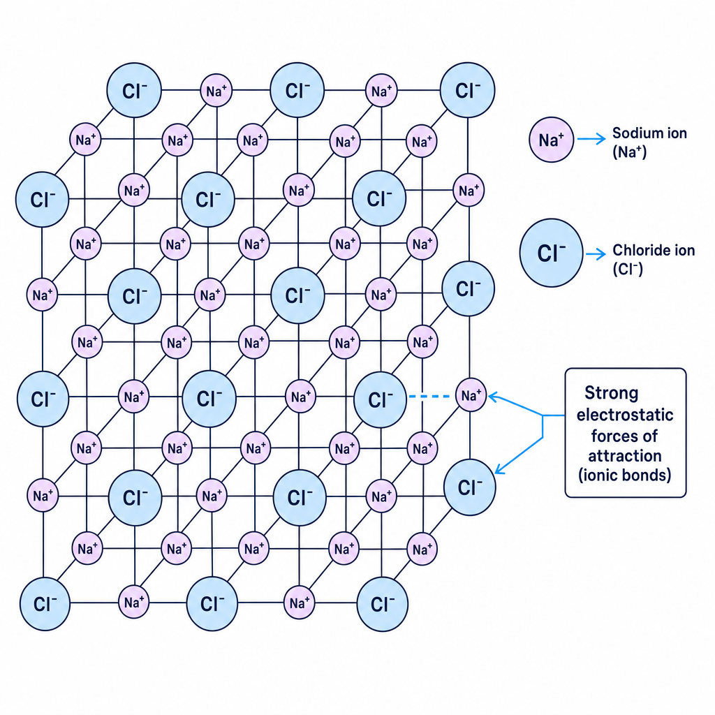 3D schematic showing the regular arrangement of sodium and chloride ions in a giant ionic lattice