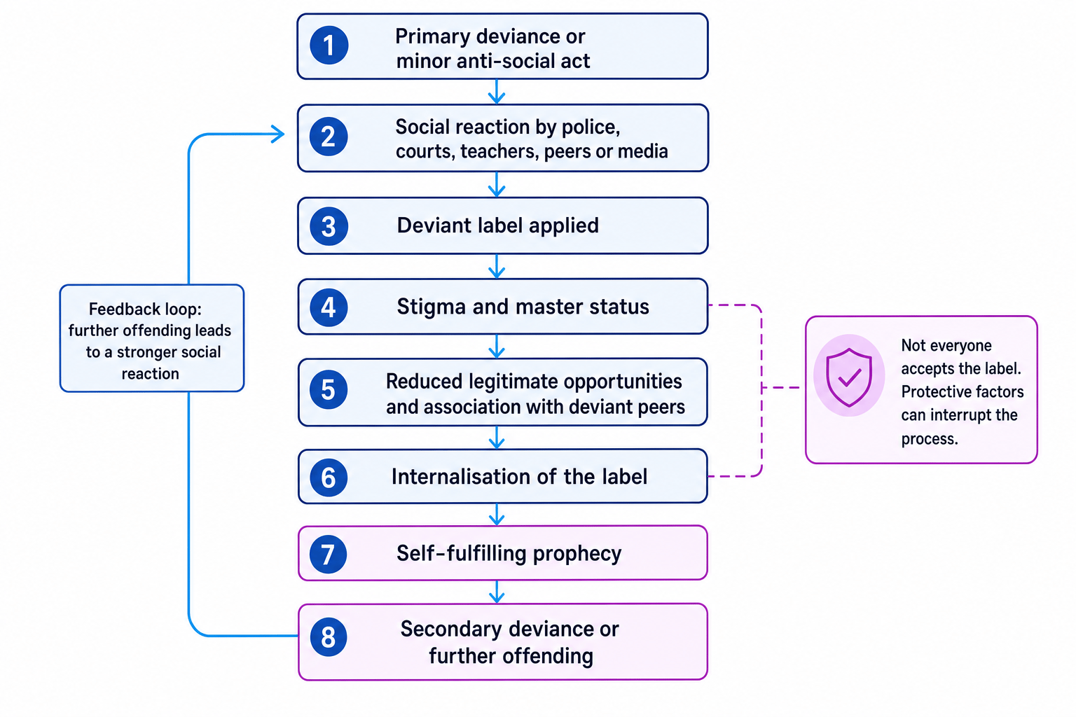 Flowchart showing labelling and self-fulfilling prophecy in crime