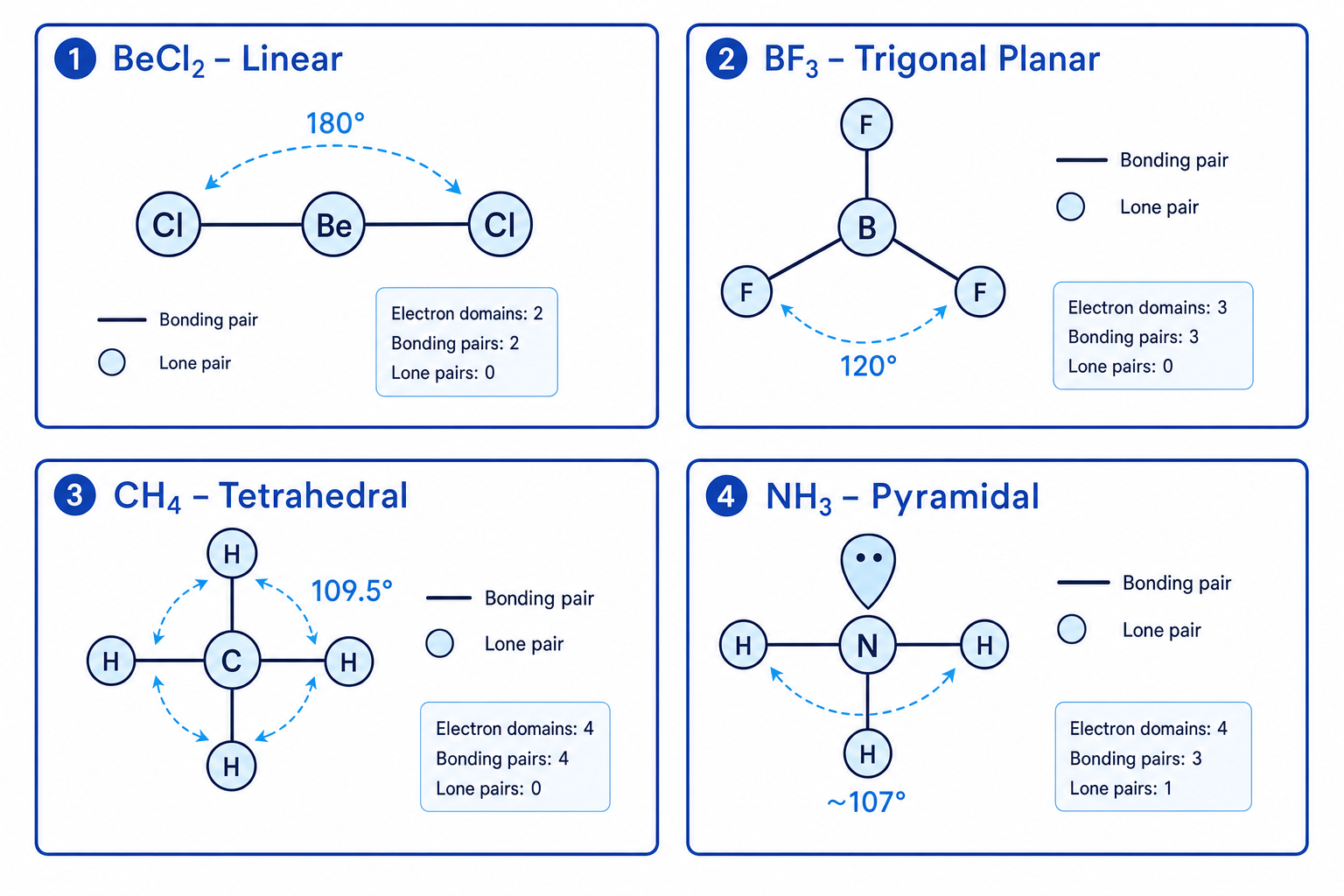 VSEPR shapes for BeCl2, BF3, CH4 and NH3