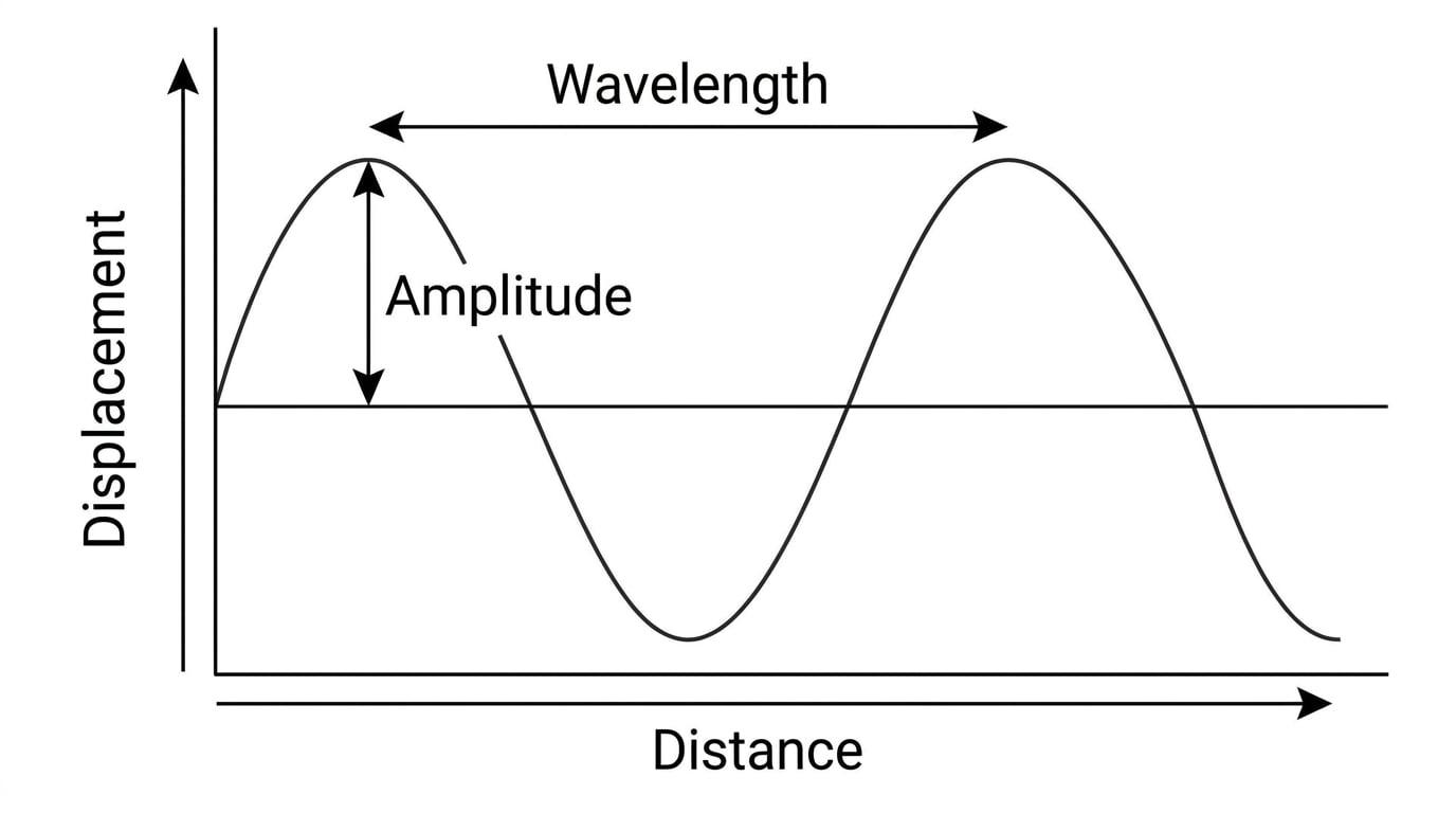 Displacement-distance graph showing amplitude and wavelength