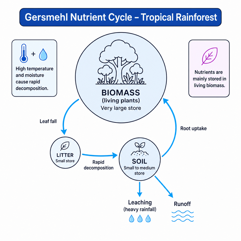 Gersmehl nutrient cycle diagram for a tropical rainforest