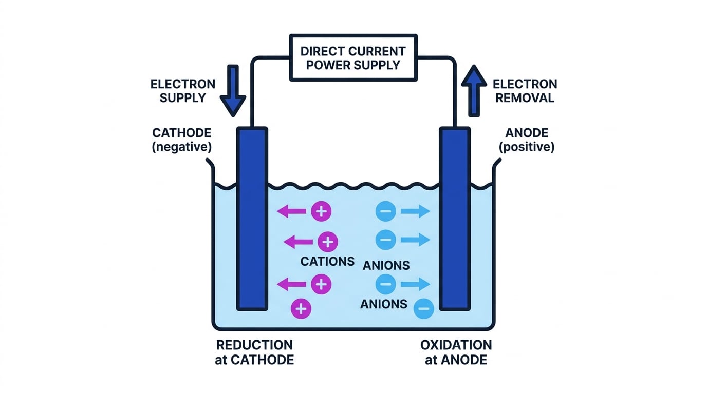 Labelled electrolysis cell showing cathode, anode, direct current supply, and ion movement