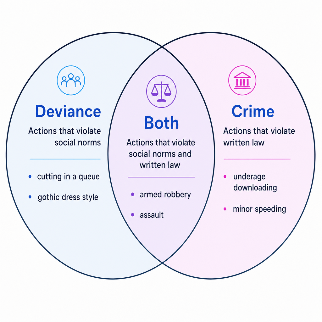Venn diagram showing the overlap between crime and deviance with examples